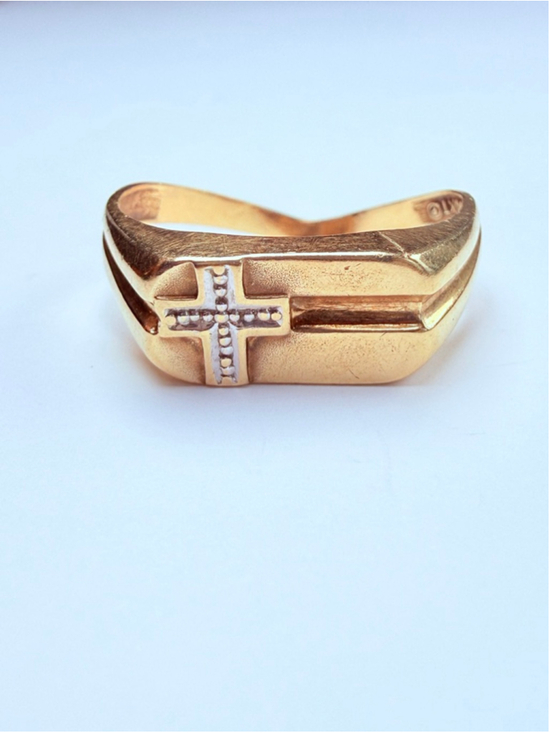 10K Solid Two Tone Gold Religious Cross Crucifix Square Retro Vintage Mens Ring